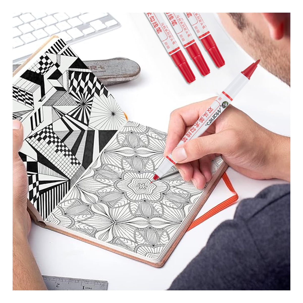 Twin Pen Dual Tip Marker, Red, Fine & Ultra Fine Point, Acrylic Paint Pens for Drawing/Sketching/Lettering, Art Supplies