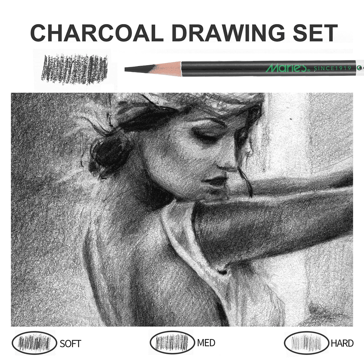 Professional Charcoal Pencils Set for Drawing & Sketching |  36-Pack Art Core Charcoal Pencils (12 Soft, 12 Medium, 12 Hard) | For Artists, Students