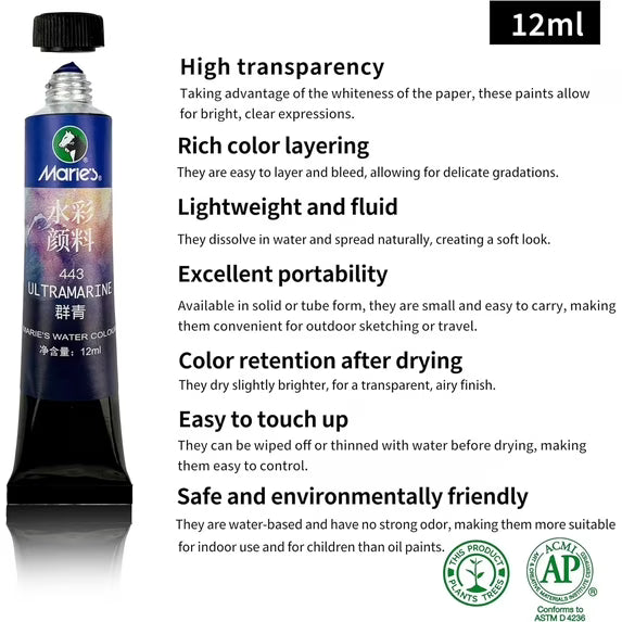 Watercolor Paint Set, 36 Colors x 12ml/0.4oz Tubes - Highly Pigmented, Perfect for Artists, Students, Beginners, Sketching & Illustration