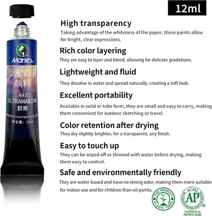 Watercolor Paint Set, 36 Colors x 12ml/0.4oz Tubes - Highly Pigmented, Perfect for Artists, Students, Beginners, Sketching & Illustration