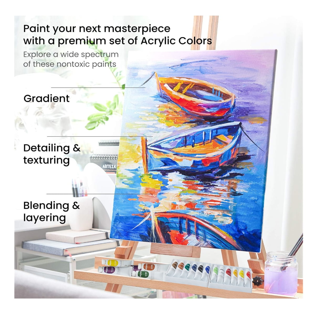 Acrylic Paint, 18 Colors x 12ml/0.4oz - Rich Pigments, Vibrant Colors for Canvas, Wood, Fabric & Crafts, Ideal for Artists, Beginners, Students & Hobbyists