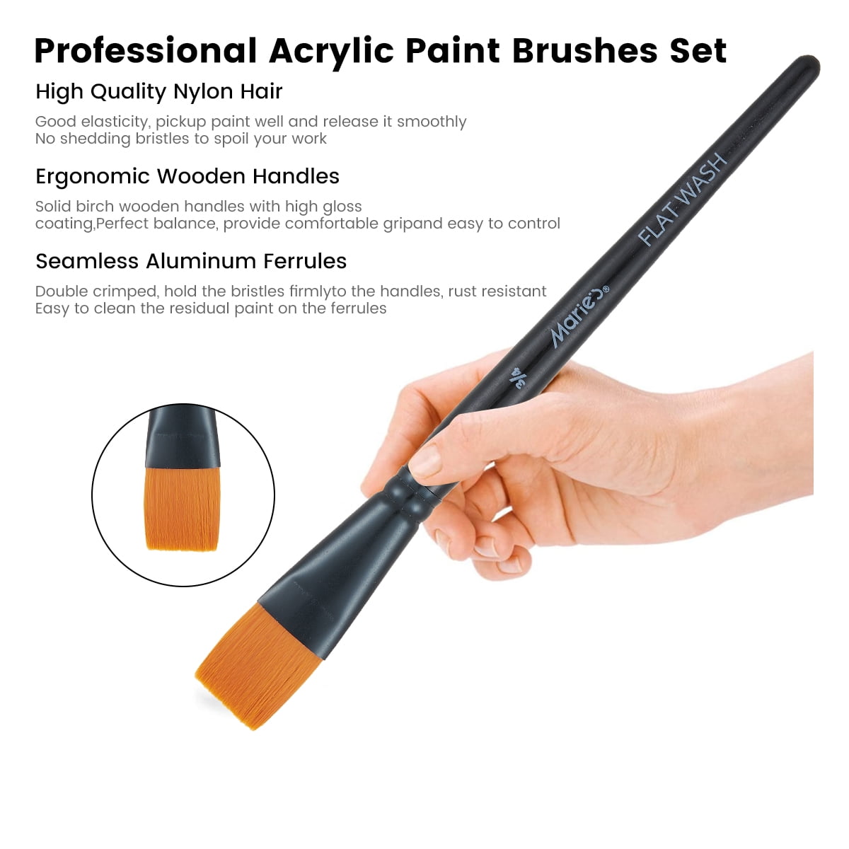Marie's Acrylic Nylon Brush Set, 10-Pack for Painting - Professional & Student Grade for Canvas, Wood, Fabric