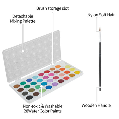28 Color Solid Watercolor Paint Set – Vibrant Pigments, Portable Travel Painting Kit with Mixing Palette, Non-Toxic Art Supplies, Students & Beginners