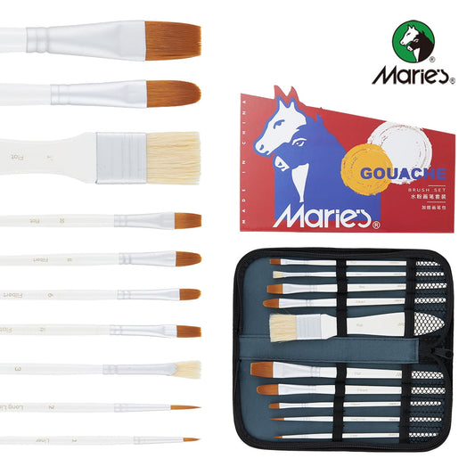 Gouache Brush Set,10-Piece - Round, Flat & Detail Brushes for Gouache, Acrylic & Watercolor | Nylon & Natural Hair Blend | Portable Artist Starter Kit