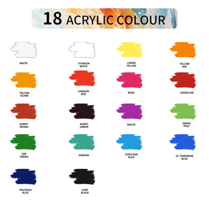 Acrylic Paint, 18 Colors x 12ml/0.4oz - Rich Pigments, Vibrant Colors for Canvas, Wood, Fabric & Crafts, Ideal for Artists, Beginners, Students & Hobbyists