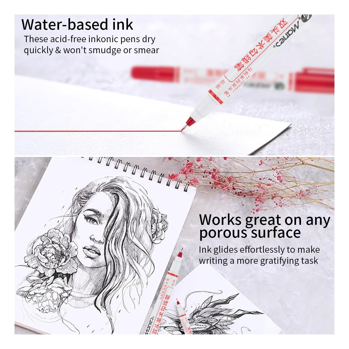 Twin Pen Dual Tip Marker, Red, Fine & Ultra Fine Point, Acrylic Paint Pens for Drawing/Sketching/Lettering, Art Supplies